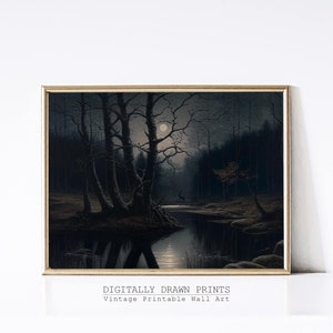 Moody Forest Landscape Painting Printable Wall Art, Vintage Dark Artwork, Moonlight Painting, Dark Academia Decor, Moody Wall Art Print