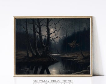 Moody Forest Landscape Painting Printable Wall Art, Vintage Dark Artwork, Moonlight Painting, Dark Academia Decor, Moody Wall Art Print