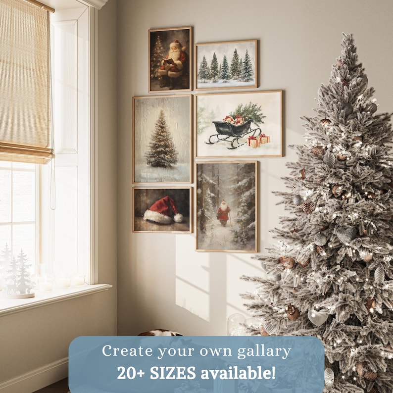 May include: A gallery wall of six framed Christmas-themed prints. The prints feature a variety of winter scenes, including a snowy forest, a Christmas tree, Santa Claus, and a sleigh full of presents. The prints are arranged in a staggered pattern on a white wall. The text "Create your own gallery 20+ SIZES available!" is at the bottom of the image.