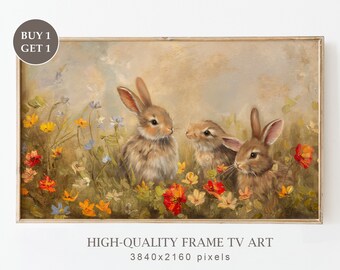 Easter Frame TV Art, Easter Bunnies in a Spring Wildflower Field Oil Painting for Frame TV, Spring Farmhouse Decor, Digital Download