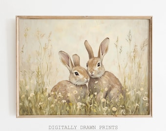 May include: A vintage-style illustration of two brown rabbits nestled together in a field of wildflowers. The rabbits are drawn in a soft, muted palette with a delicate, whimsical feel.