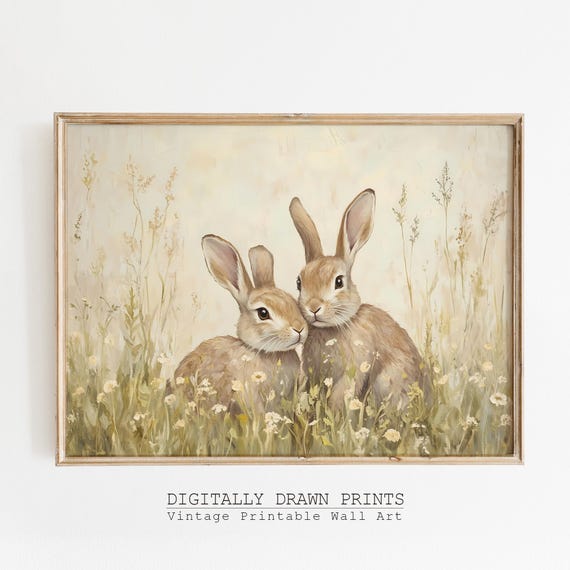 Vintage Easter Bunny Wall Art Printable, Spring Rabbit Oil
