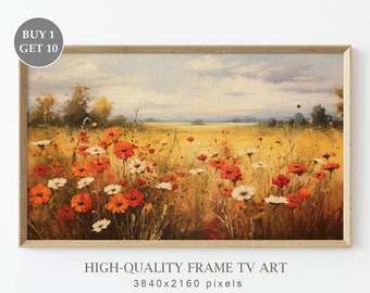 Samsung TV Frame Art, lente wilde bloemen veld vintage olieverfschilderij voor TV, Wildflower kunst, lente decor, boerderij decor, digitale download