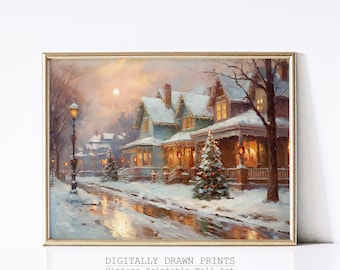 Printable Christmas Wall Art Print, Oil Painting of a Christmas City Street, Seasonal Christmas Decor, Farmhouse Wall Art, Digital Download