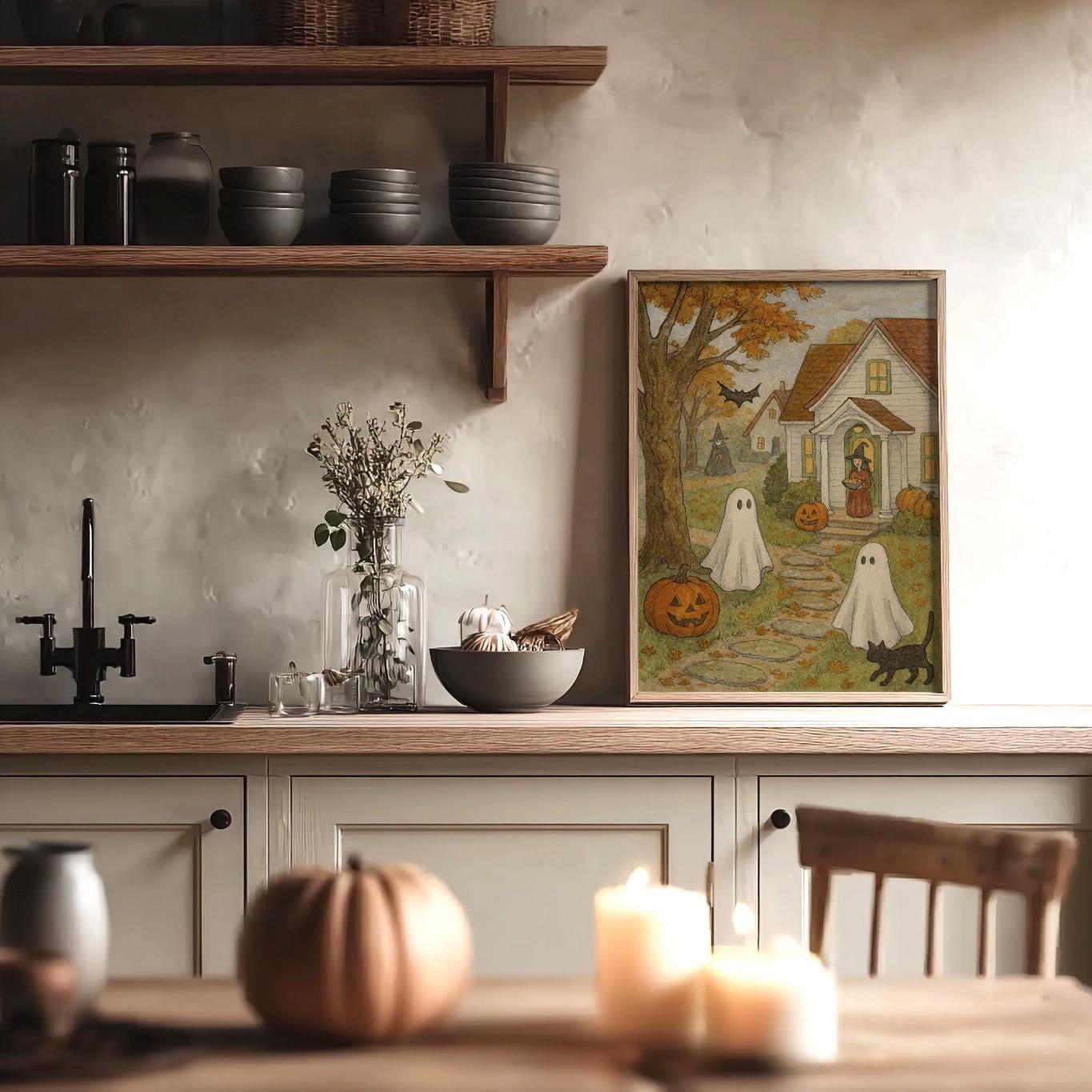 Vintage Halloween Wall Art Printable, Cute Ghosts and Witches Painting ...
