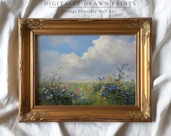 Summer Wildflower Field Printable, Coastal Landscape Wall Art, Vintage Beach Decor, Farmhouse Floral Painting, Sea Meadow Digital Download