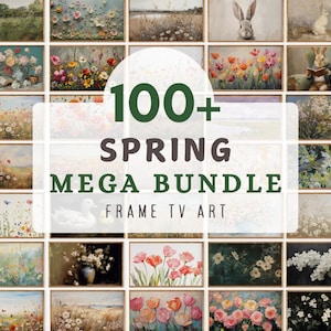 Könnte beinhalten: Eine Collage aus über 100 Frühlingsbildern in verschiedenen Stilen. Die Bilder zeigen Blumen, Landschaften und Tiere. Der Text "100+ Spring Mega Bundle Frame TV Art" ist in der Mitte des Bildes zu sehen.