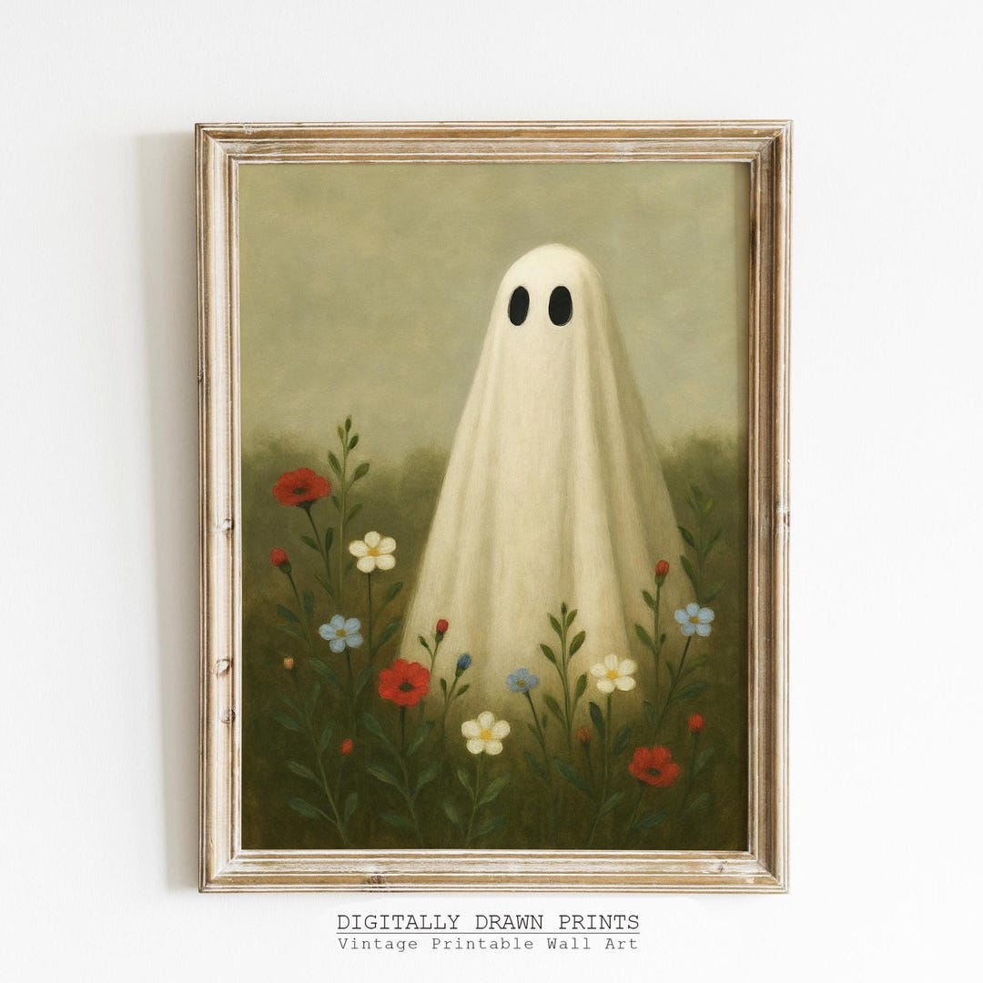 Vintage Ghost Wall Art Printable, Neutral Halloween Floral Decor, Muted ...