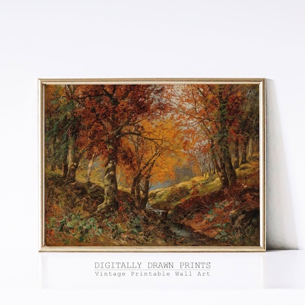 Antique Autumn Painting, Moody Fall Wall Art, Vintage Rustic Country Wall Decor, Fall Art Print, Warm Tone Printable Wall Art