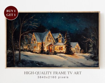 May include: A framed painting of a snow-covered house at night, illuminated by warm lights. The artwork depicts a winter scene with a starry sky and trees. The text "BUY 1 GET 1" is in a circular badge. The text "HIGH-QUALITY FRAME TV ART" is at the bottom.