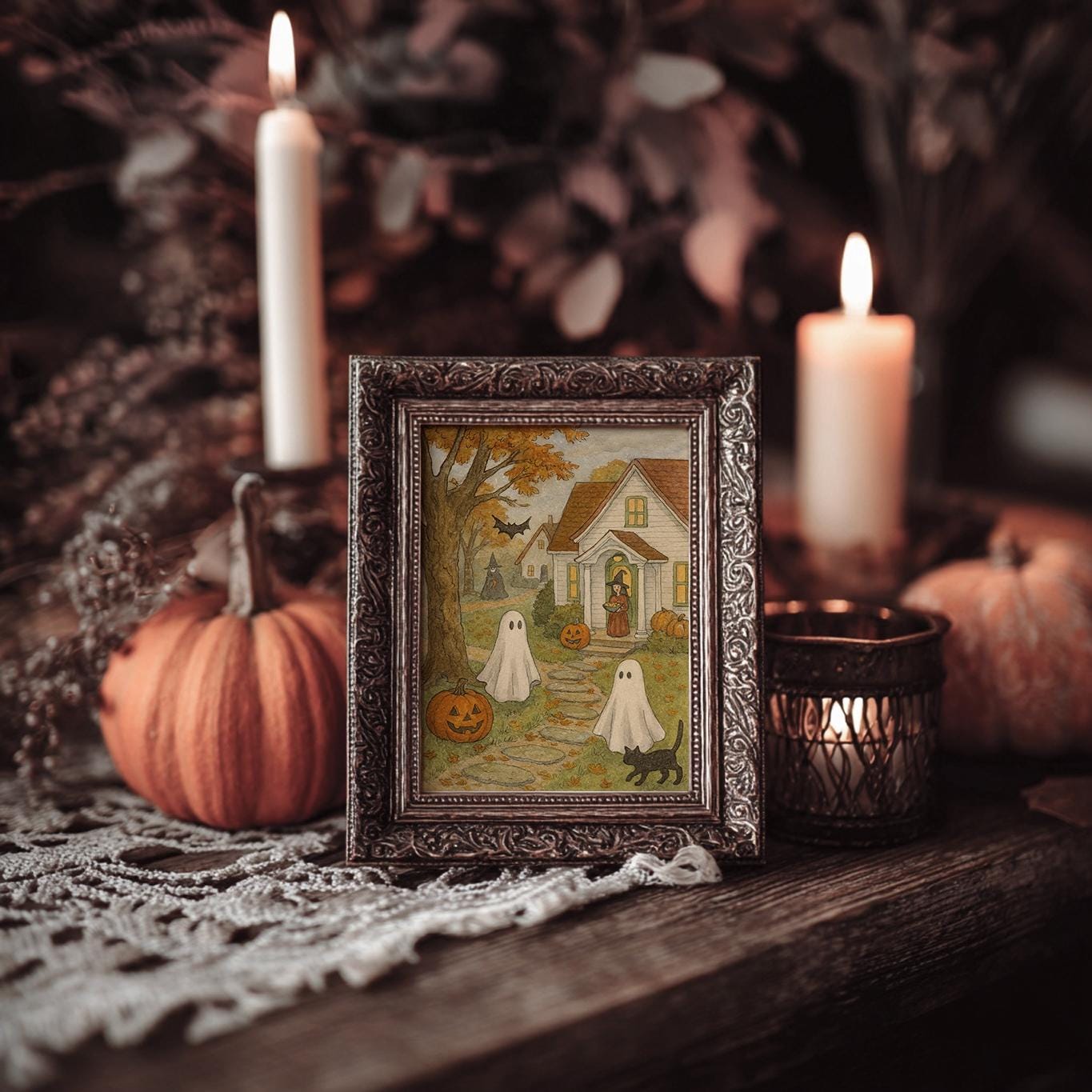 Vintage Halloween Wall Art Printable, Cute Ghosts and Witches Painting ...