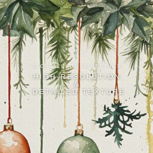 Puede incluir: Pintura acuarela de dos adornos navide&ntilde;os colgando de ramas verdes frondosas. Los adornos son verdes y naranjas y tienen un acabado brillante. El texto "Digitally Drawn Prints High-Resolution & Detailed Texture" est&aacute; escrito en negro sobre un fondo blanco.