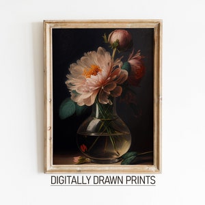 Moody Vintage Dark Flower Print, Dark Academia Botanical Wall Art, Floral Pink Roses Still Life Oil Painting, PRINTABLE Digital Art