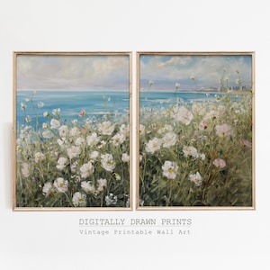 Set of 2 Coastal Printable Wildflower Landscape PaintingS, Vintage Summer Prints, Floral Prints, Summer Farmhouse Prints, Digital Download