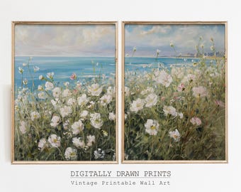 Set of 2 Coastal Printable Wildflower Landscape PaintingS, Vintage Summer Prints, Floral Prints, Summer Farmhouse Prints, Digital Download