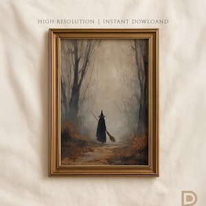 May include: A framed print featuring a witch walking through a misty forest. The witch is dressed in a black cloak and hat, carrying a broom. The artwork has a vintage, antique aesthetic with the text "HIGH-RESOLUTION | INSTANT DOWLOAND".