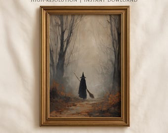 Vintage Witch in Autumn Forest Printable Wall Art, Moody Wall Art, Dark Academia Print Digital Download, Halloween Witch Print