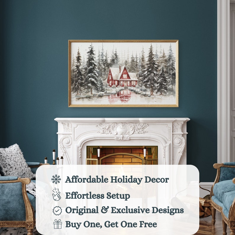 May include: A watercolor painting of a red cabin in a snowy forest. The cabin has a white roof and windows. The trees are tall and slender, with snow on their branches. The painting is framed in a gold frame.
