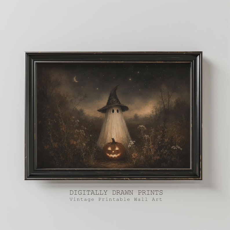 May include: A framed wall art print featuring a ghost wearing a pointed witch hat standing in a dark, moody forest at night with a glowing jack-o'-lantern at its feet. The text below reads: DIGITALLY DRAWN PRINTS Vintage Printable Wall Art.