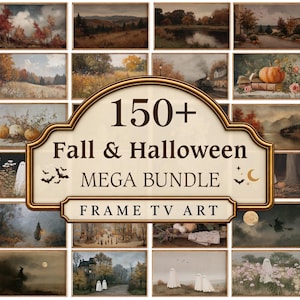 May include: A digital collection of 150+ Fall & Halloween Frame TV Art featuring various seasonal landscapes, pumpkins, ghosts, and witch silhouettes. The central text reads 150+ Fall & Halloween MEGA BUNDLE FRAME TV ART with decorative icons.