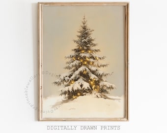 May include: A digital illustration of a snow-covered pine tree with twinkling lights. The tree is set against a soft, light blue background. The image is framed in a light wood frame.