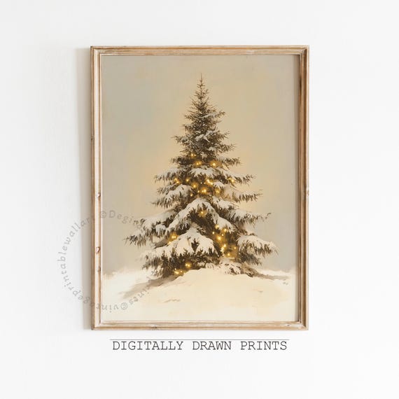 Christmas Wall Art Print, Vintage Christmas Pine Tree Art Prints Painting Rustic Fir Botanical Sketch Christmas Winter Wall Art Poster Vintage Christm