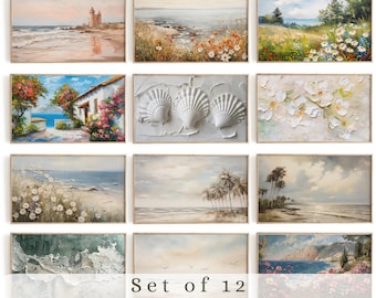 Summer Frame TV Art Set of 12 Paintings, Neutral Farmhouse Coastal Art for TV, Vintage Summer Landscape Oil Painting, Digital Download