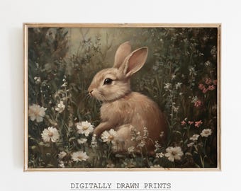 Vintage humeurige paashaas print, rustieke wilde bloemen konijn kunst, donkere bloemen lente muur decor, landelijke boerderij instant download paaskunst