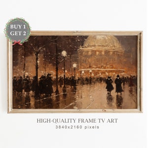 Vintage Samsung Frame TV Art, Oil Painting of Town Celebrating New Year&#39;s Eve, Neutral Decor, Holiday Art for TV, Christmas Decor