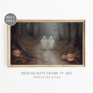Halloween TV Frame Art, Vintage Halloween Ghosts in a Haunted Forest, Spooky Art, Muted Neutral Samsung Frame TV Art
