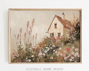 May include: A vintage-style painting of a white cottage with a red roof surrounded by a lush garden of pink, white, and blue flowers. The cottage has a brown door and windows. The painting is framed in a light wood frame.