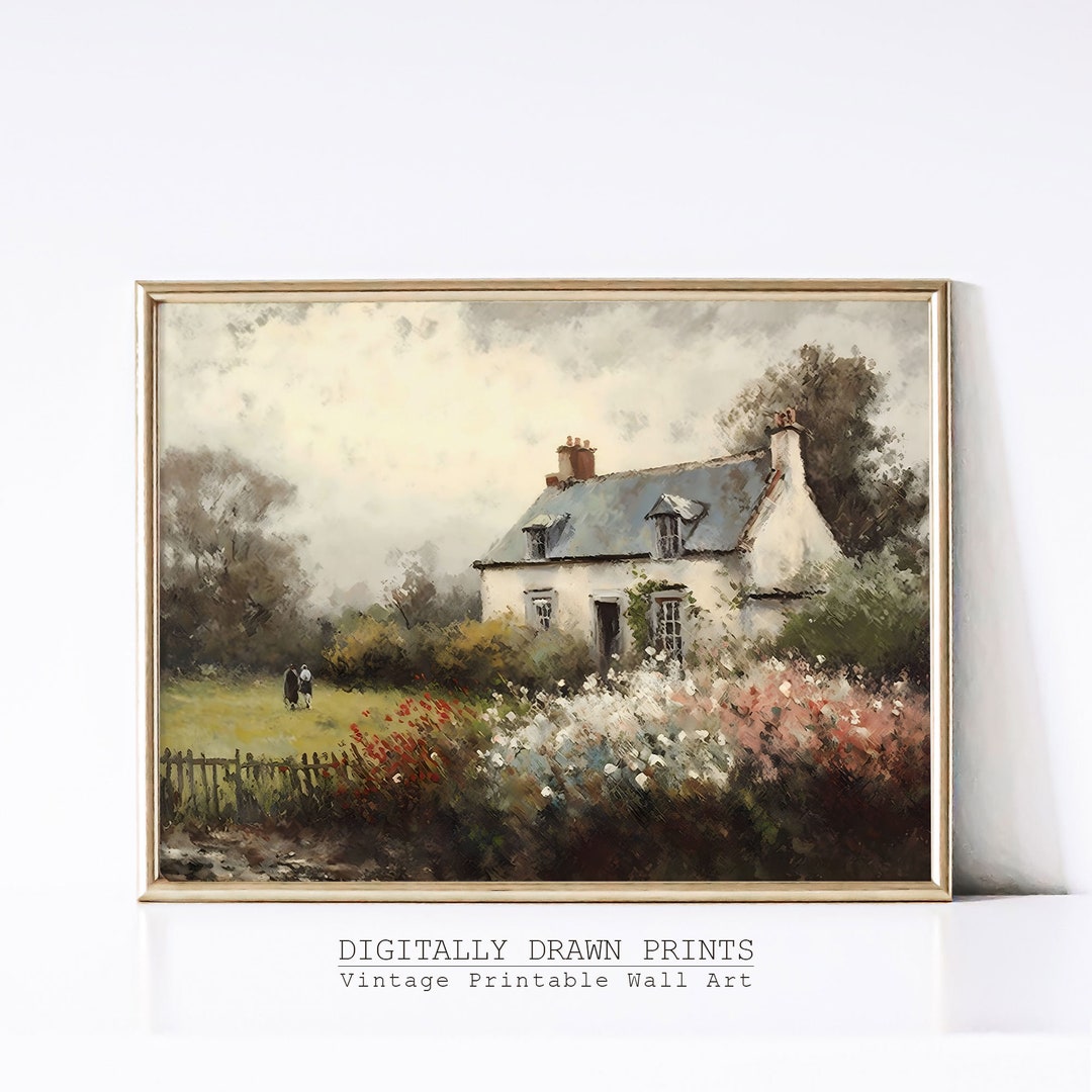 Cottage Oil Painting - Rose Garden Wall Art - Vintage Digital Print ...