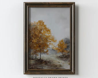 Printable Vintage Autumn Painting, Moody Fall Landscape, Farmhouse Decor, Rustic Neutral Autumn Wall Art, Digital Download Art
