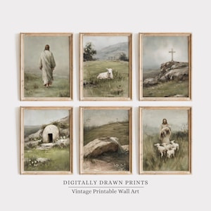 Christliche Osterwand-Kunstset von 6, neutrales Jesus druckbares Dekor, religiöse Auferstehung Drucke, Vintage christlicher digitaler Download