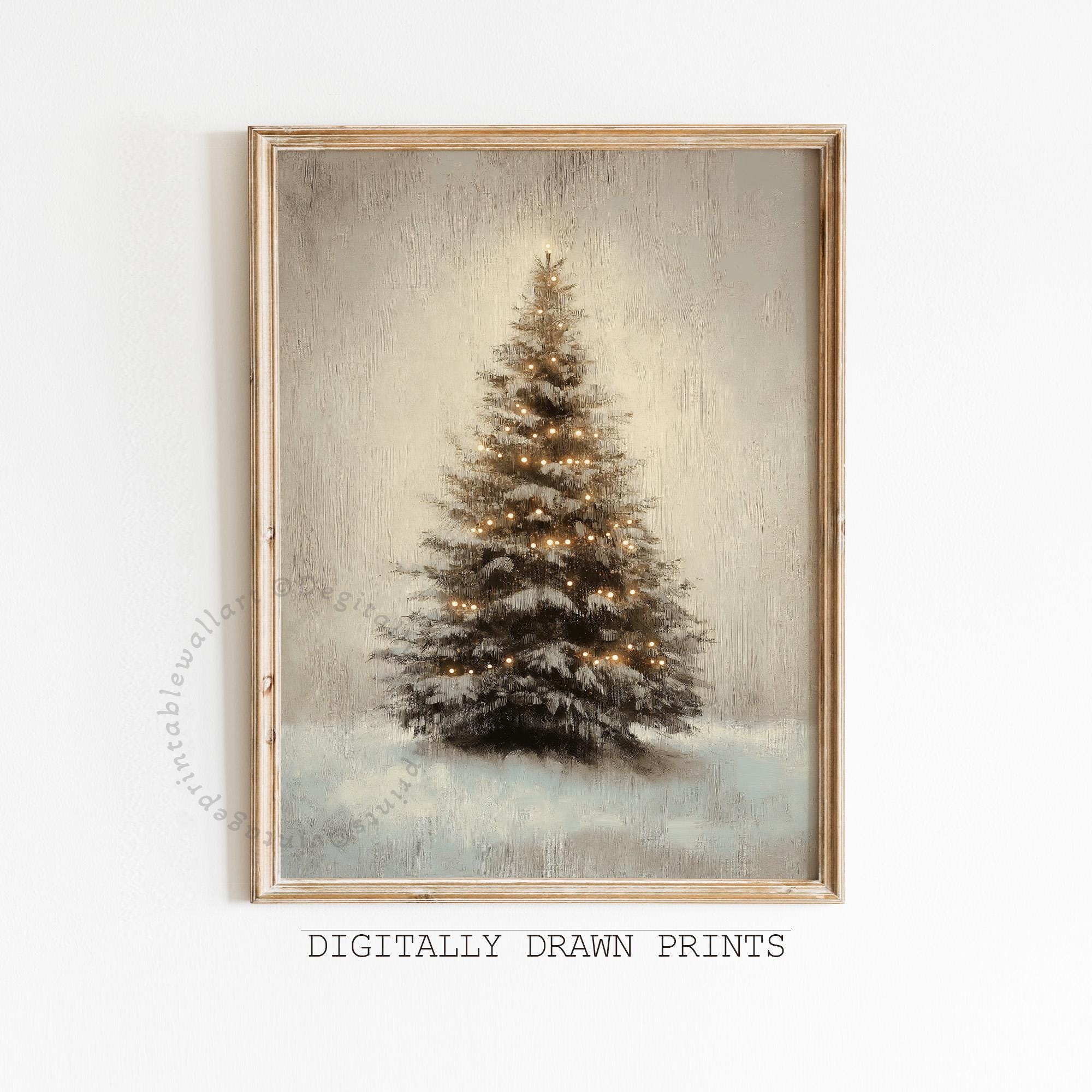Vintage Christmas Tree Print, Christmas Decor Printable Wall Art, Neutral Antique Holiday Christmas Tree Painting, Digital Download Art