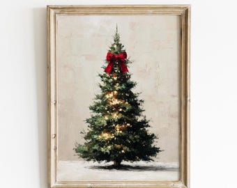 Vintage Christmas Tree Printable Wall Art, Neutral Antique Holiday Christmas Tree Painting, Seasonal Print, Farmhouse Christmas Decor