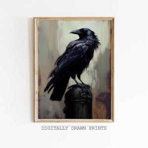 Antique Raven Painting, Dark Academia PRINTABLE Wall Art, Moody Rustic Bird Print, Vintage Animal Wall Art, Dark Art Digital