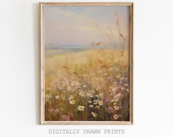 May include: A painting of a field of wildflowers in shades of white, pink, and yellow. The field is bathed in soft, golden light, and the sky is a pale blue. The painting is framed in a simple, wooden frame.