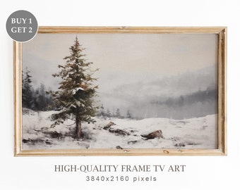 Chritmas TV Frame Art, Snowy Landscape Oil Painting, Moody Oil Painting, Vintage Winter TV Art, Christmas Seasonal Decor, Digital Download