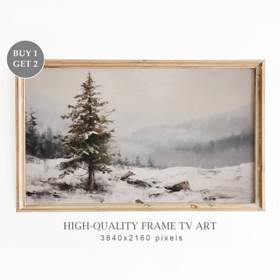 Chritmas TV Frame Art, Snowy Landscape Oil Painting, Moody Oil Painting, Vintage Winter TV Art, Christmas Seasonal Decor, Digital Download