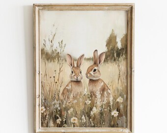 Printable Easter Bunny Wall Art Oil Painting Style, Farmhouse Bunny Print, Vintage Neutral Spring Decor, Easter Print Digital Download Art