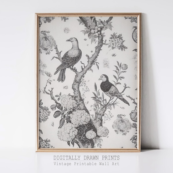 Vintage Tapestry Art, Birds Tapestry, Neutral Antique Pattern Decor, Antique Art, Digital Download