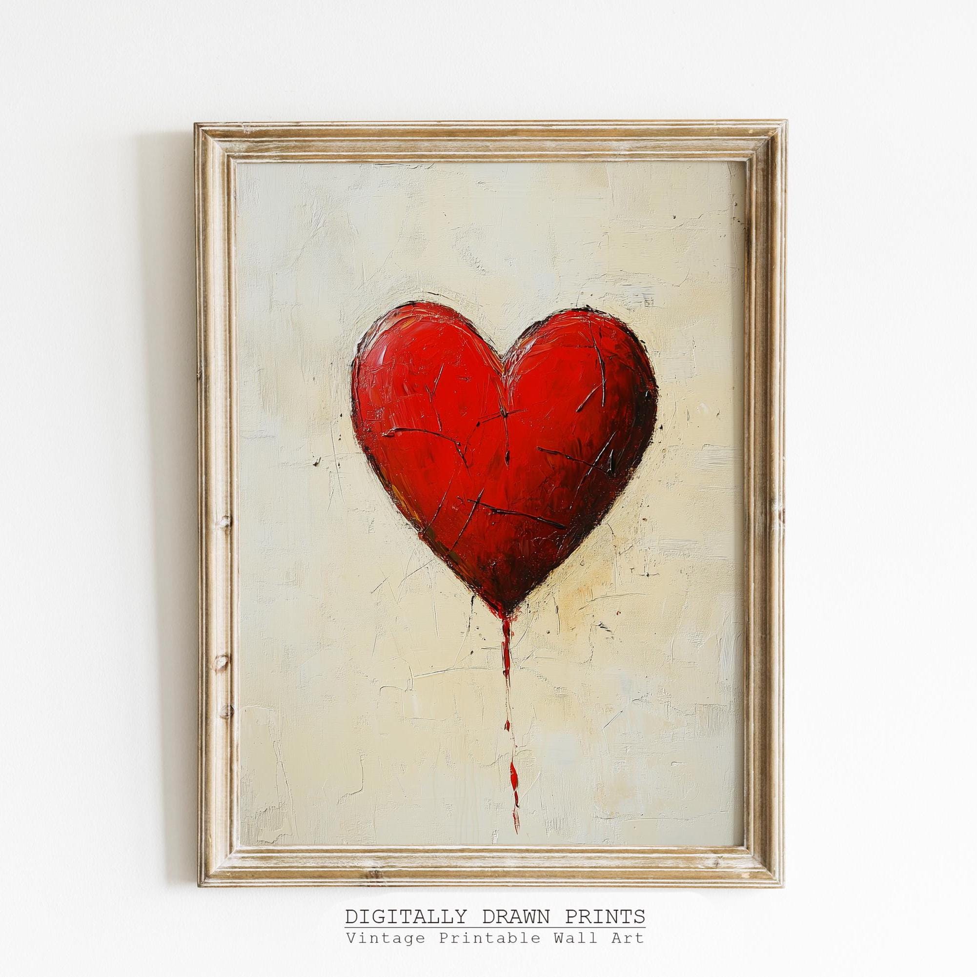 Rustic Valentines Day Red Heart Printable Art, Vintage Valentines Neutral Wall Art, Romantic Wall Art Valentines Day Gift, Digital Download