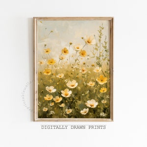 Pittura a olio stampabile di paesaggio di campo di fiori selvatici, fattoria floreale vintage, fiori giallo pallido stampa digitale di arte della parete neutra primaverile