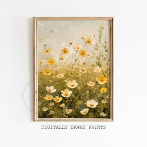 Printable Wildflower Field Landscape Oil Painting, Vintage Floral Farmhouse, Pale Yellow Flowers Spring Neutral Wall Art Digital Print