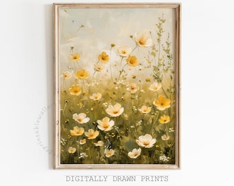 Printable Wildflower Field Landscape Oil Painting, Vintage Floral Farmhouse, Pale Yellow Flowers Spring Neutral Wall Art Digital Print