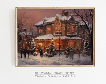 Moody Christmas Printable Wall Art, Winter Oil Painting of Snowy Houses, Holiday Printable Wall Art, Cottagecore Decor, Digital Download