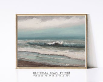 Vintage Küsten Meer Malerei, Strand Haus Wand Kunst Dekor, neutrale Landschaftsmalerei, gedämpfter tonaler Druck, digitaler Download