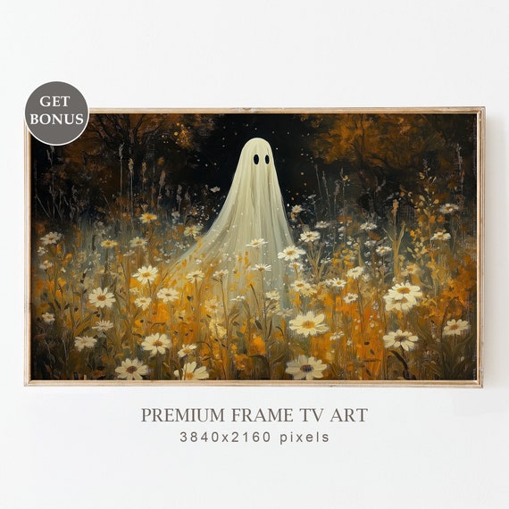 Ghost in Wildflower Field Halloween Frame TV Art, Spooky Fall