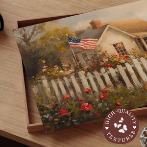 May include: A painting of a white house with a picket fence and a red, white, and blue American flag flying in front of it. The house is surrounded by a lush garden with red, pink, and white flowers. The painting has a vintage, rustic feel.